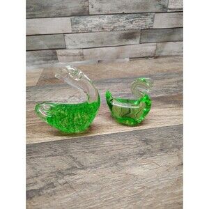 Glass Swans Murano Style Paperweight Figurines Green Desk Art- Set of 2